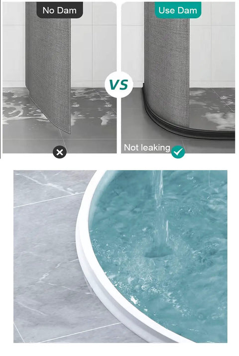 Comparison image showing wet floor without 3.5 Inch High Collapsible Shower Threshold Water Dam and dry floor with it installed