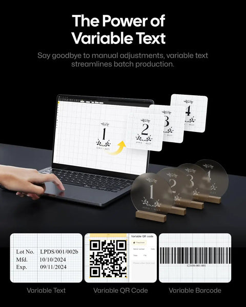 Laptop displaying variable text setup for 20W Dual Fiber And Diode Laser Engraver Ultra Portable 6Kg 3D Grayscale And Color Engraving