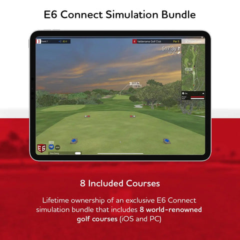 Mevo Gen2 Portable Golf Launch Monitor And Simulator tablet showing E6 simulation course with GPS overview