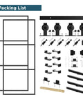 48 By 84 Inch Metal And Glass Sliding Double Barn Door With Hardware Kit Soft Close Included components displayed in packing list