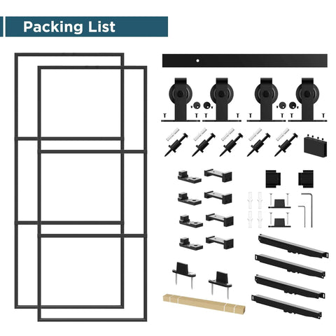 48 By 84 Inch Metal And Glass Sliding Double Barn Door With Hardware Kit Soft Close Included components displayed in packing list
