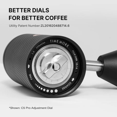 C5 Pro Manual Coffee Grinder With S2C 042 III Stainless Steel Conical Burrs adjustment dial close-up view
