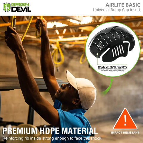 Man installing Lightweight HDPE Bump Cap Insert For Baseball Caps Ventilated Airlite All Day Comfort Protective Cap Liner in black cap.