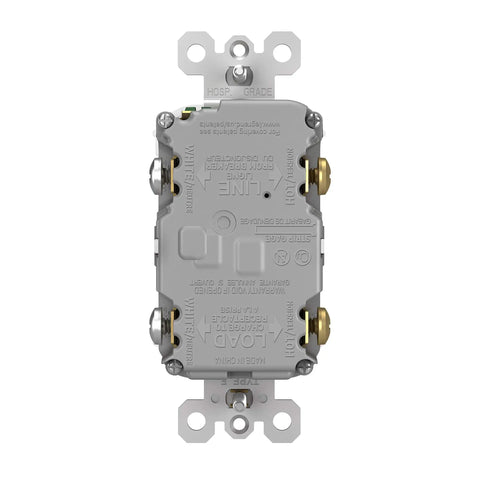Back view of Radiant 15 Amp GFCI Self Test Decorator Duplex Outlet With Trip Indicator Gray 1597GRYCCD12 for wall installation