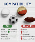 Compatibility chart for Six Pack Slatwall Ball Holder Steel Ball Rack showing fit and non-fit slatwall systems with balls.