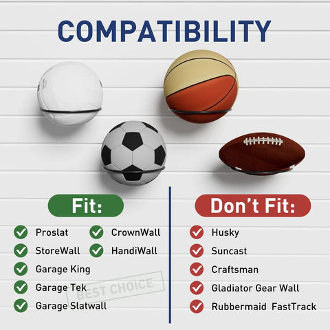Compatibility chart for Six Pack Slatwall Ball Holder Steel Ball Rack showing fit and non-fit slatwall systems with balls.