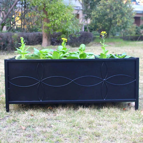 Front view of sturdy raised garden bed with inner fabric liners for vegetables and flowers, carbon steel base with decorative design.