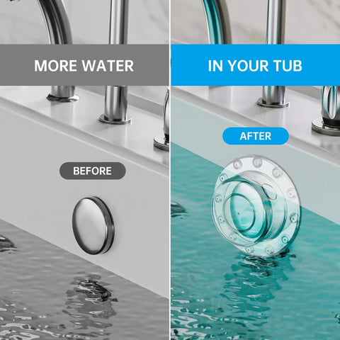 Deep Soak Tub Overflow Drain Cover With Heavy Duty Suction Seal That Adds Inches To Your Bathtub For The Ultimate Spa Vibe Easy Push Install Clear Finish Total Bathroom Game Changer before and after comparison showing added water depth