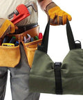 Five Pocket Tool Roll Organizer Pouch With Zipper Pockets And Adjustable Buckle Closure displayed in worker's hand