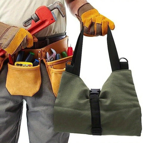 Five Pocket Tool Roll Organizer Pouch With Zipper Pockets And Adjustable Buckle Closure displayed in worker's hand