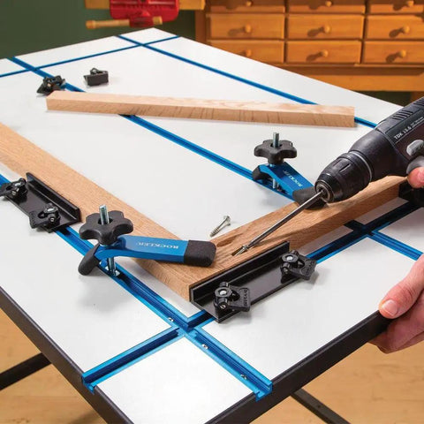 Built Legit Aluminum T Track Table Top Measuring Twenty Eight By Forty Inches With Precision T Slots used for woodworking assembly.