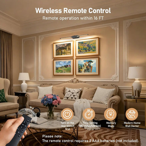 Twenty Four Inch Wireless Picture Light For Wall Rechargeable Art Lamp With Remote 8000 Mah Battery Pack Three Tone Settings And Flicker Free Glow Zero Hassle Mount Straight Premium Vibe For Indoor Picture Display with remote control in living room
