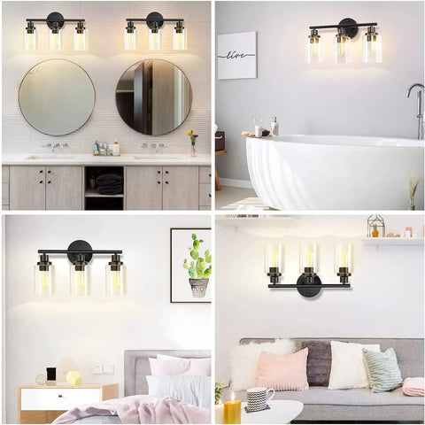 Sleek Dope Modern 3 Light Matte Black Vanity Light With Clear Glass Shades For Bathroom Mirror Wall Sconce Indoor Use Waterproof Design Perfect For Hallway Living Room Or Bedroom 17 Inch Wide displayed in various room settings