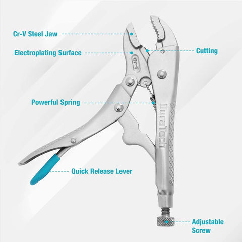 7 Inch Locking Pliers With Curved Jaw And Wire Cutter, Premium Cr-V Steel for Tough Clamping, Twisting, and Welding Jobs with adjustable screw