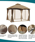 Universal Replacement Mosquito Netting For 10 By 10 Gazebo With 4 Panel Screen Walls And Zippers Outdoor Canopy Netting Weather Resistant Polyester Khaki Mosquito Net Only, showing water-resistant fabric and zippers detail.