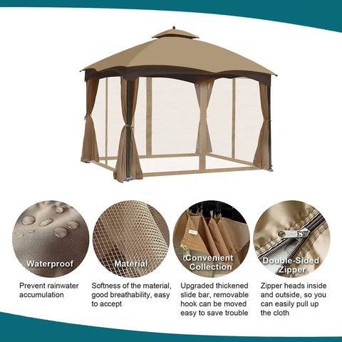 Universal Replacement Mosquito Netting For 10 By 10 Gazebo With 4 Panel Screen Walls And Zippers Outdoor Canopy Netting Weather Resistant Polyester Khaki Mosquito Net Only, showing water-resistant fabric and zippers detail.