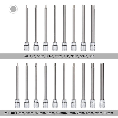Extra Long Hex Bit Socket Set Three Eighths Inch Drive With Chrome Vanadium Steel S2 Bits for SAE and Metric Sizes displayed