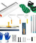 Pro Grade Self Leveling Concrete Tool Kit With Spiked Rollers And Adjustable 6.6Ft Pole For Epoxy Floors Floor Paint And Garage Coatings Includes Leveling Rake Multiple Rollers Trowel Spray Guard And Cement Spreaders displayed with components like gloves and hardware