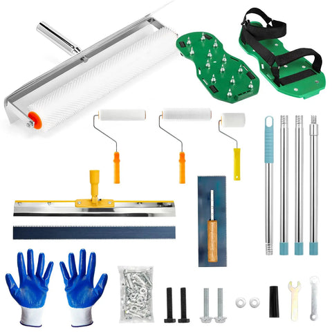 Pro Grade Self Leveling Concrete Tool Kit With Spiked Rollers And Adjustable 6.6Ft Pole For Epoxy Floors Floor Paint And Garage Coatings Includes Leveling Rake Multiple Rollers Trowel Spray Guard And Cement Spreaders displayed with components like gloves and hardware