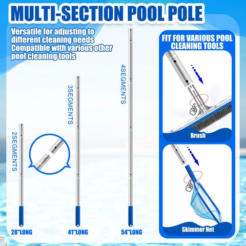 Multi-section aluminum pole for No Fuss Three Piece Pool Cleaning Kit With Skimmer Net, Extendable Aluminum Pole, And Stainless Steel Pool Brush.