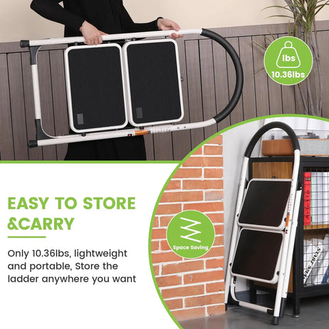 Two Step Folding Ladder With Extra Wide Anti Slip Pedals And Handgrip, Lightweight Steel, Handles Up To 330 Lbs, portable white ladder