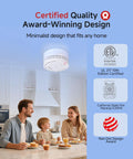 Matter Enabled Smart Smoke Detector Leveraging Local Thread Connectivity Works Smoothly With Apple Home And Alexa in modern kitchen setting.