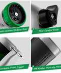 Close-up of heavy-duty metal garden hose nozzle with shock-resistant rubber dial, flow control knob, lockable trigger, and non-slip handle