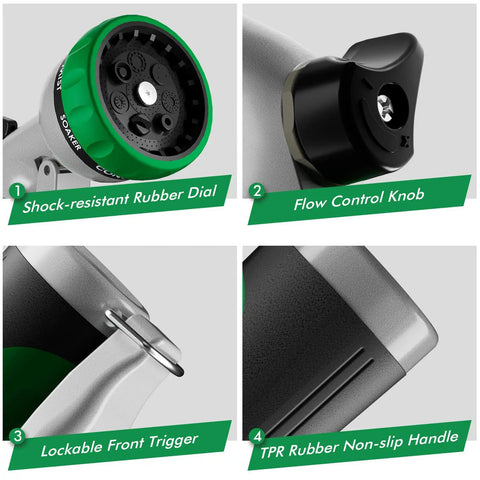 Close-up of heavy-duty metal garden hose nozzle with shock-resistant rubber dial, flow control knob, lockable trigger, and non-slip handle