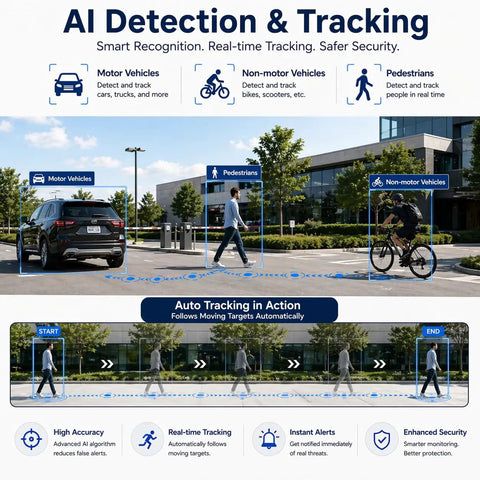 AI detection and tracking system showing pedestrians and vehicles with automatic tracking feature highlighted.