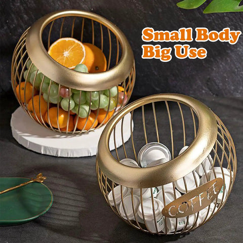 Two gold metal baskets, one with citrus and grapes, other with coffee pods, illustrate Large Capacity Coffee Pod Holder For Countertop Holds 30 Plus K Cups And Keurig Pods Metal Coffee Capsule Storage Organizer For Any Capsule Home Office Kitchen Countertop Organizer Gold Finish usage.