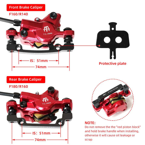 2-Pin 2-Piston Hydraulic Disc Brake Kit For E-Bikes And MTB, Pre-Bled With Mineral Oil, front and rear brake calipers in red.