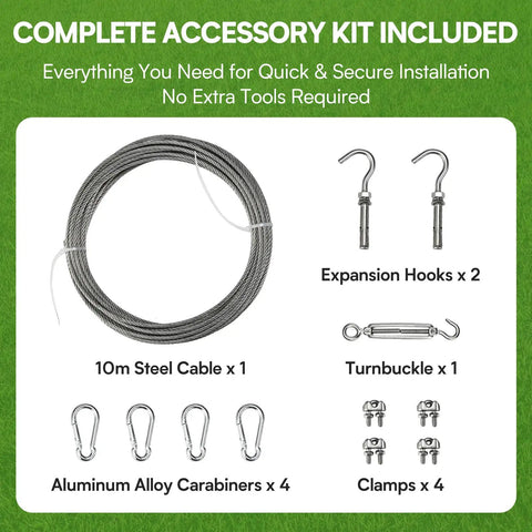 Complete accessory kit with 10m steel cable for Durable Golf Practice Net And Sports Barrier Net including hooks, turnbuckle, carabiners, clamps.