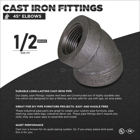 1/2 Inch Cast Iron Threaded 45 Degree Street Elbow With Durable Black Finish Designed For Rock Solid Industrial Piping And Straightforward Gas Line Connections Built Tough