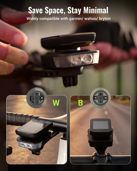 Ultra Bright 1100 Lumen Bike Headlight with 270 Degree Wide Beam mounted on bike, compatible with Garmin, Wahoo, Bryton computers