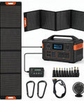 On The Go 200W Foldable Monocrystalline Solar Panel With ETFE Coating, portable power station, and accessories displayed.