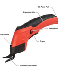 Professional Rechargeable Cordless Electric Scissors Featuring Quick Change Blades For Fabric Leather Cardboard Paper And Crafting Easy One Hand Grip Delivers Sweet Cuts Without Breaking A Sweat Glossy Red, showing ergonomic grip and safety button.