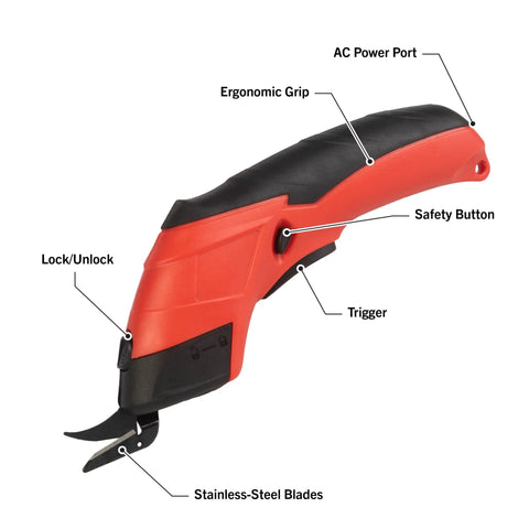 Professional Rechargeable Cordless Electric Scissors Featuring Quick Change Blades For Fabric Leather Cardboard Paper And Crafting Easy One Hand Grip Delivers Sweet Cuts Without Breaking A Sweat Glossy Red, showing ergonomic grip and safety button.