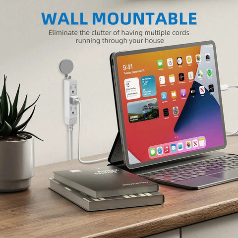 Ultra Slim Flat Plug Extension Cord With Six Foot Cable Three Grounded Outlets for Home Office and Travel installed behind tablet