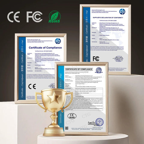 Long Life Radon Detector With 20 Year Sensor And Home Air Quality Monitor, Audible And Visual Alarm, Adjustable Threshold, Real Time Radon Alerts, Easy Setup, Low Power Operation For Safer Home certification display with CE, FCC, and RoHS documents
