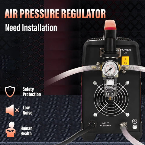 Air pressure regulator for dual voltage pro grade plasma cutter with 50A inverter, cuts up to 20mm thick, 110 to 220V input.