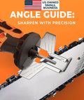 Cordless Electric Chainsaw Sharpener Kit With Chain Saw Sharpener Tool Four File Size Sharpening Wheels Five Thirty Two Inch Angle Guide Attachment Wrench And Ebook For On The Go Quick And Easy Chain Sharpening attached to chainsaw
