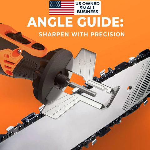 Cordless Electric Chainsaw Sharpener Kit With Chain Saw Sharpener Tool Four File Size Sharpening Wheels Five Thirty Two Inch Angle Guide Attachment Wrench And Ebook For On The Go Quick And Easy Chain Sharpening attached to chainsaw