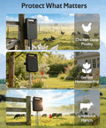 Portable Solar Powered Fence Energizer Delivers 0.20J Output And 8KV For Up To 10 Miles Of Fence Protection Perfect For Livestock Chickens And Gardens With A 10400mAh Rechargeable Battery And Auto Day Night in use for chickens, gardens, and livestock.