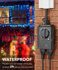 No Fuss Outdoor Light Timer with dusk to dawn sensor installed on a brick wall, with holiday decorations in the background, weatherproof dual outlets