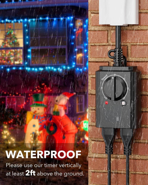 No Fuss Outdoor Light Timer with dusk to dawn sensor installed on a brick wall, with holiday decorations in the background, weatherproof dual outlets