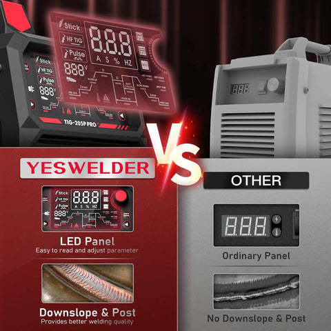 Comparison of YESWELDER TIG-205P with pulse and large LED display vs a generic welder with standard panel