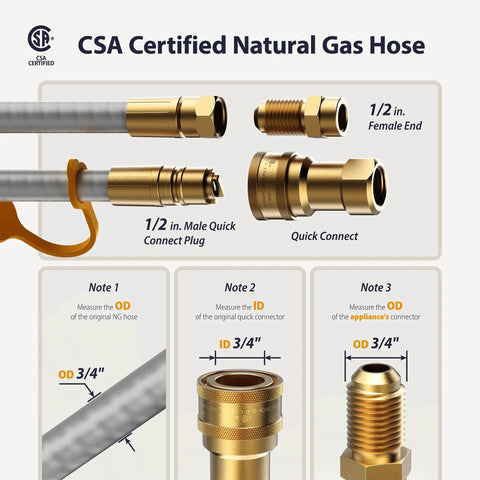 CSA certified natural gas hose with 1/2 inch female flare, 1/2 inch male quick connect plug, measurements and fittings shown