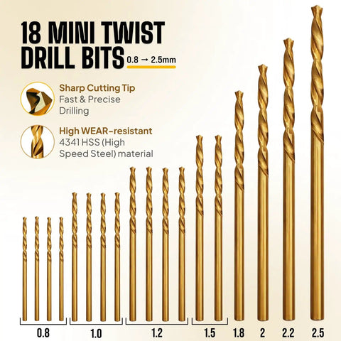 18 mini twist drill bits in varying sizes from 0.8mm to 2.5mm, featuring sharp cutting tips for Micro Drill Bit Set With Pin Vise For DIY Jewelry Making Small Hand Drill PCB Mini Bits For Resin Beads Polymer Clay Beading Projects Precision Pins And Fine Detail Work 1mm To 2.5mm.
