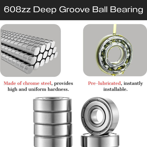 608zz deep groove ball bearings, 8x22x7 mm, sealed shields, pre-lubricated; collage of front/side/close-up views