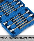 12 Piece 3/8 Inch Drive Extra Long Torx Bit Socket Set With CR V Chrome Vanadium And S2 Steel Bits in open blue case